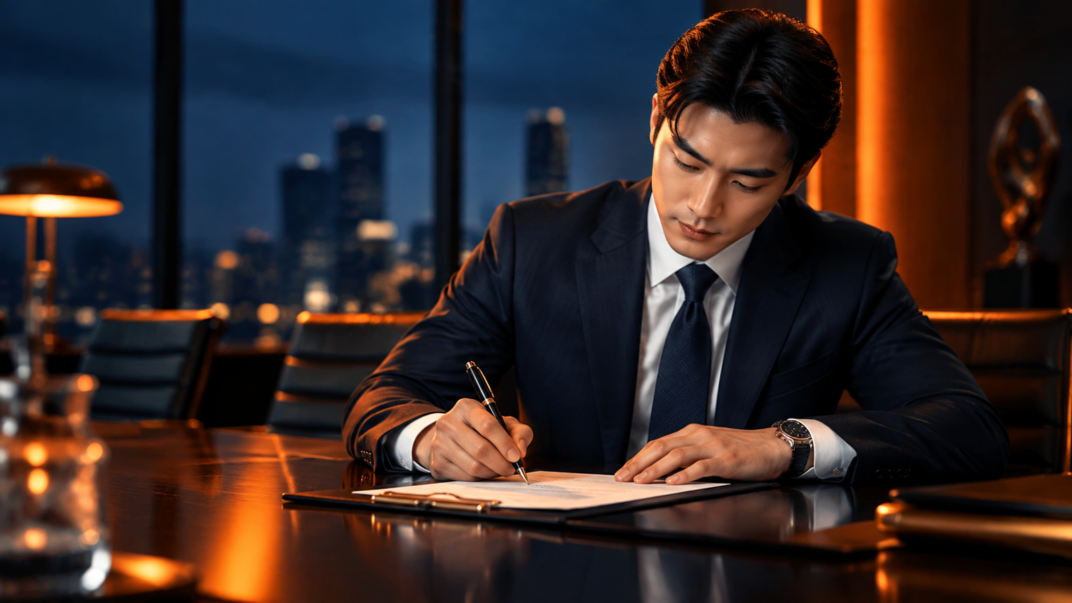 长桌前一位置身深色西装的商务人士郑重落笔签署合同，桌上文件与钢笔近在手边