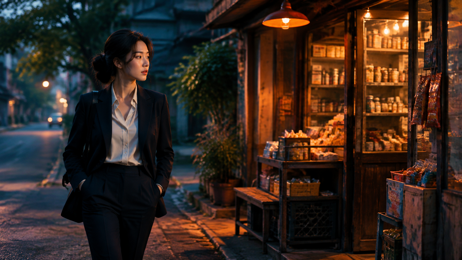 一位职业女性走过街边小店，驻足打量，评估身边的营商环境与规则是否可信