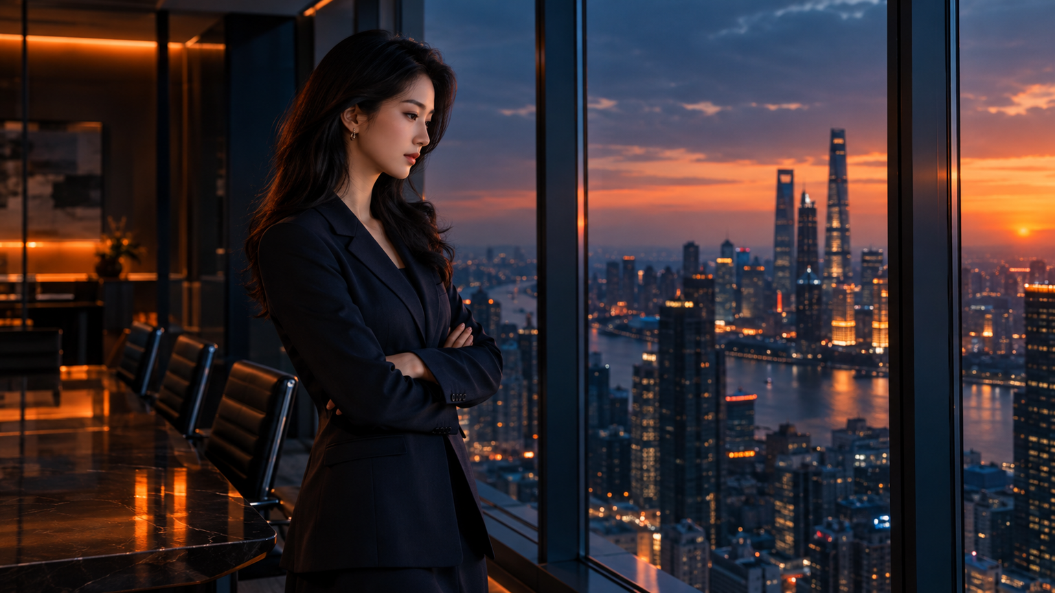 黄昏时分，一位职业女性站在高层落地窗前俯瞰城市天际线，冷静审视着资本流动的方向